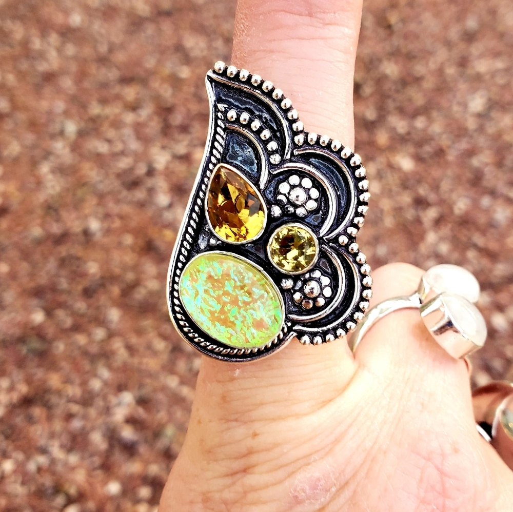 New Triplet Opal & Citrine 925 Silver Ring.